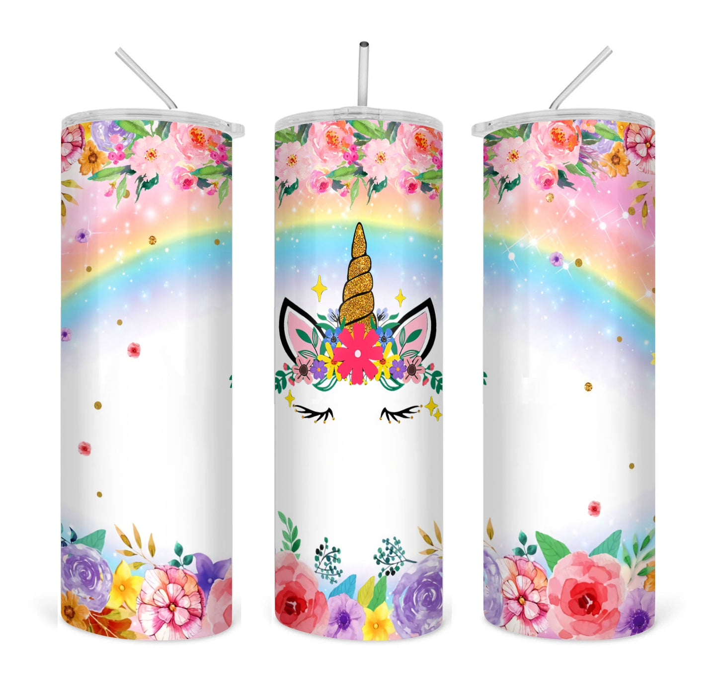 Unicorn Rainbow Flowers straight 20oz skinny tumbler digital download PNG sublimation