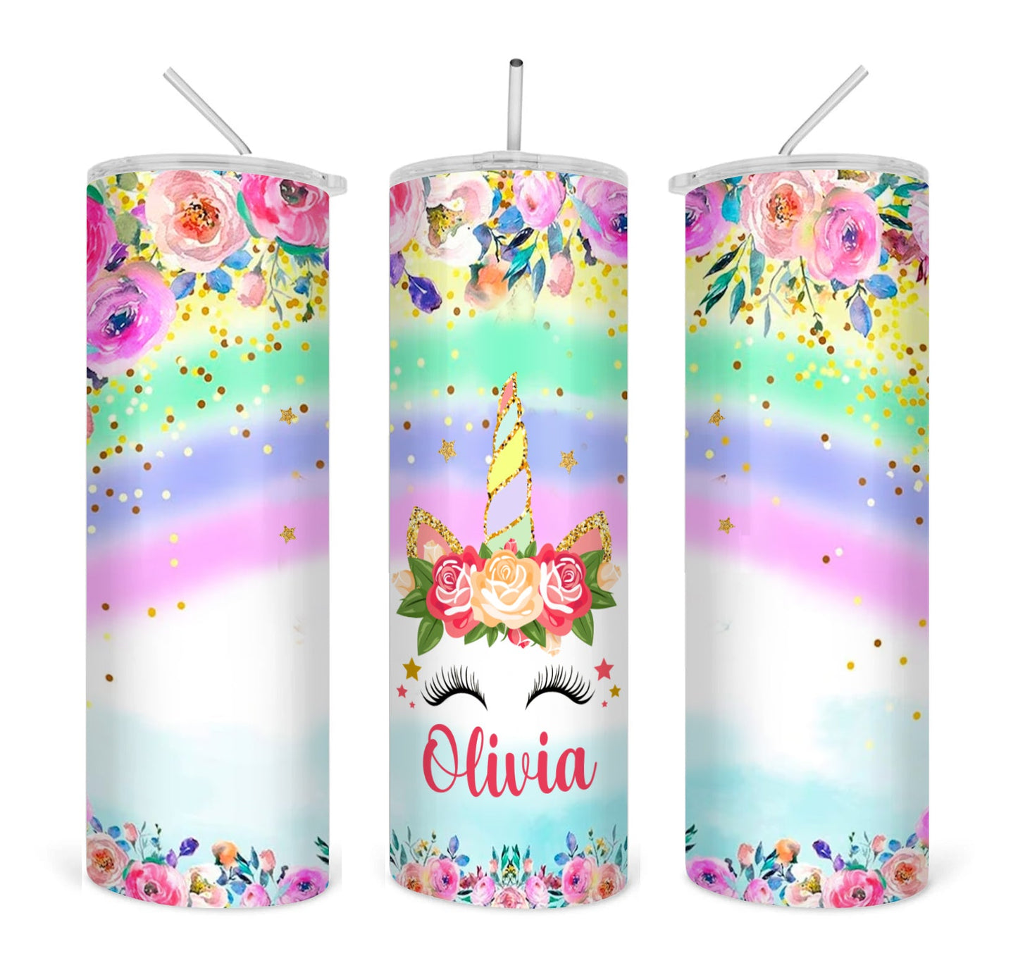 Unicorn Rainbow Flowers straight 20oz skinny tumbler digital download PNG sublimation