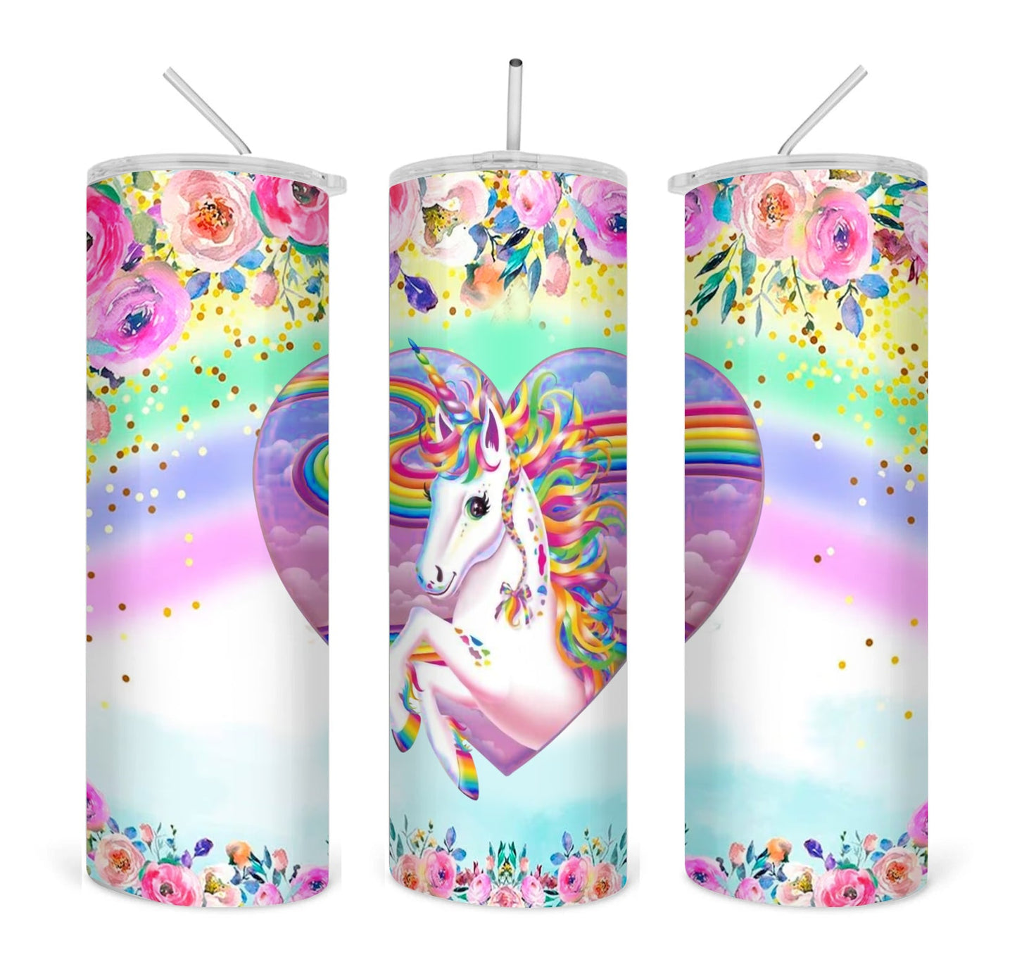 Unicorn Rainbow Flowers straight 20oz skinny tumbler digital download PNG sublimation