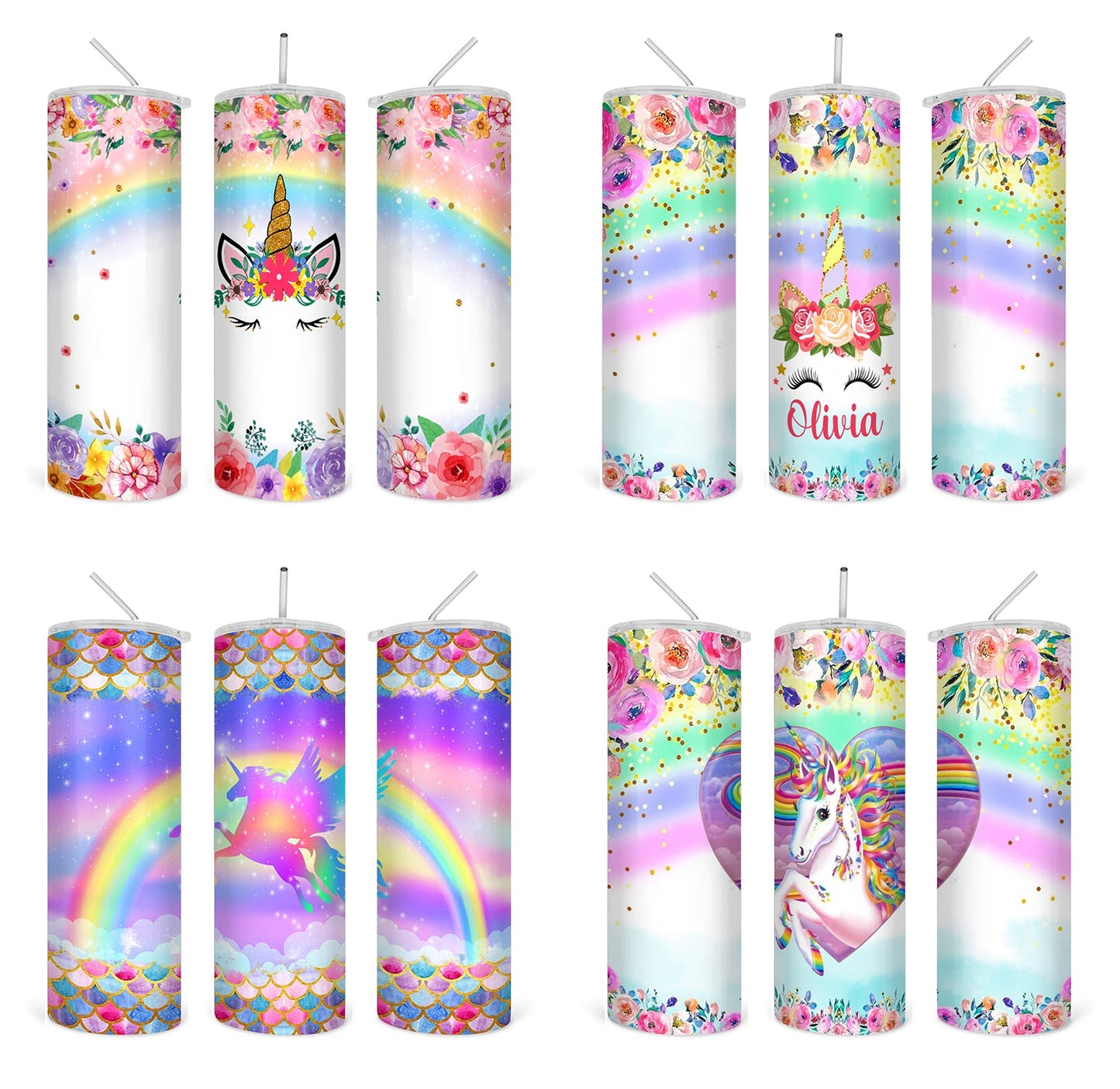 Unicorn Rainbow Flowers straight 20oz skinny tumbler digital download PNG sublimation