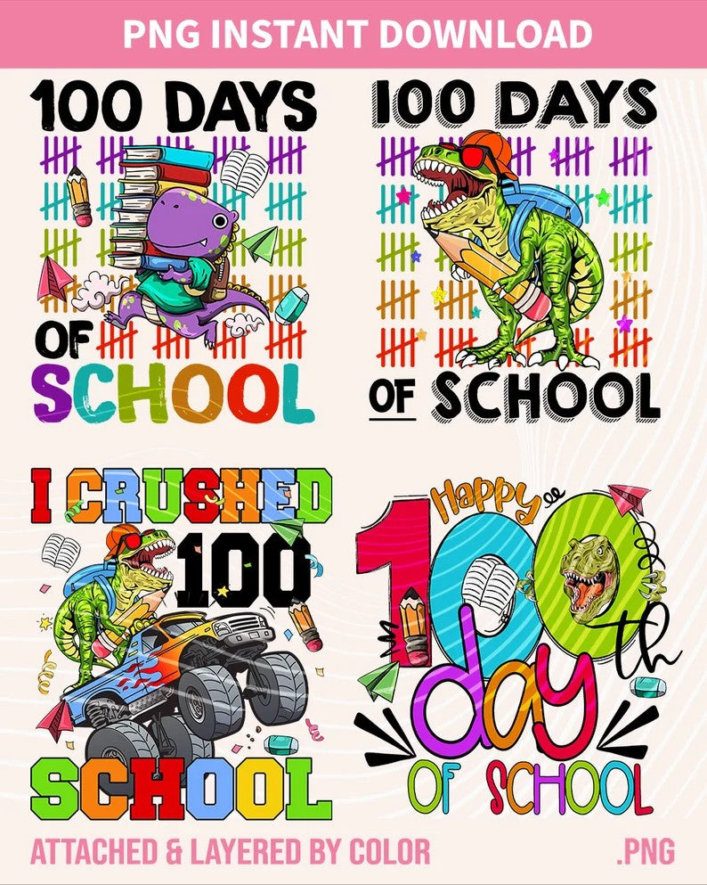100 Days of School Png Bundle, Happy 100 Days Of School, Kindergarten 100 Days Png, School Party Png, T-Rex 100 days, PNG Digital Download - VartDigitals
