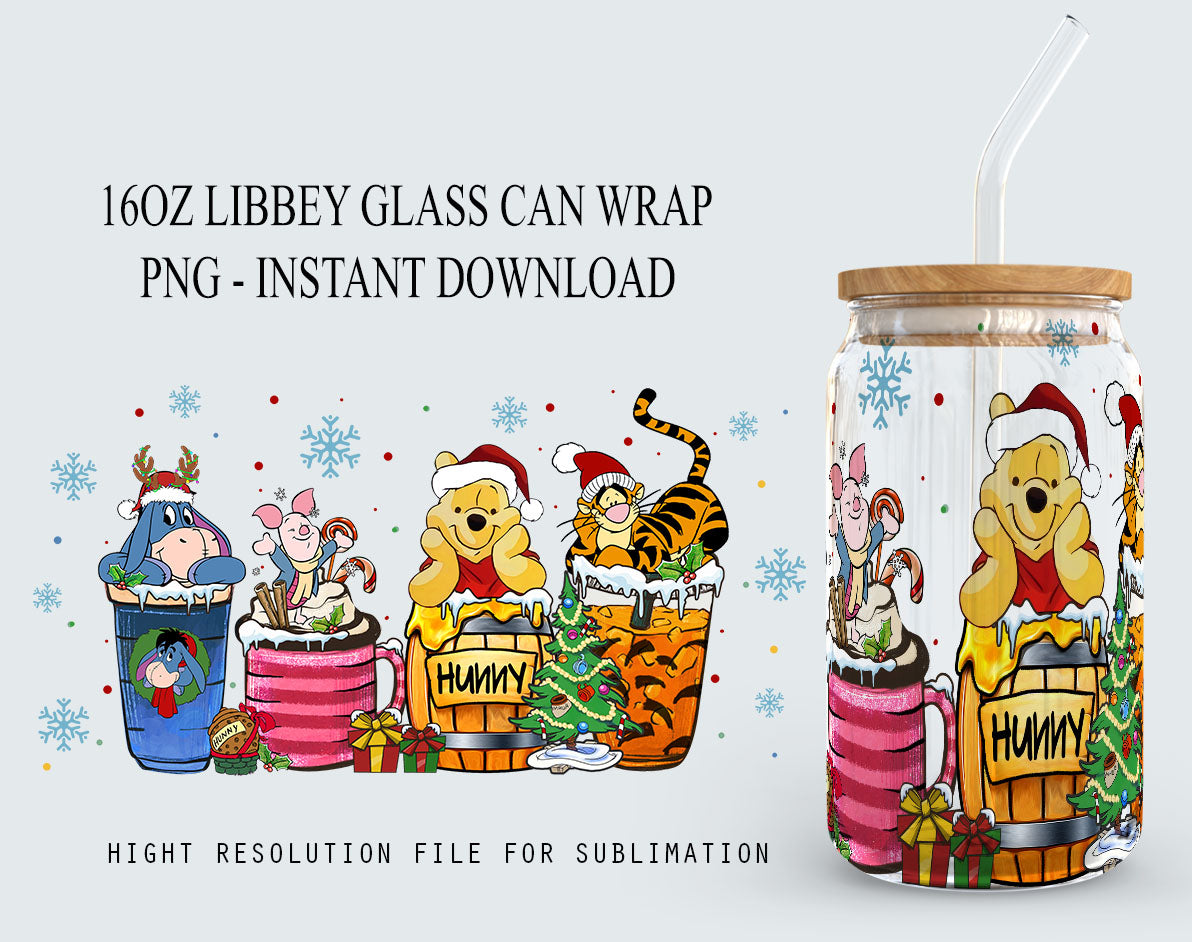 Winnie The Pooh Halloween Designs 16oz Libbey Glass Can Tumbler, Hallothankmas Pooh Design Glass Can png,16oz Libbey Wrap PNG, Halloween Png 1