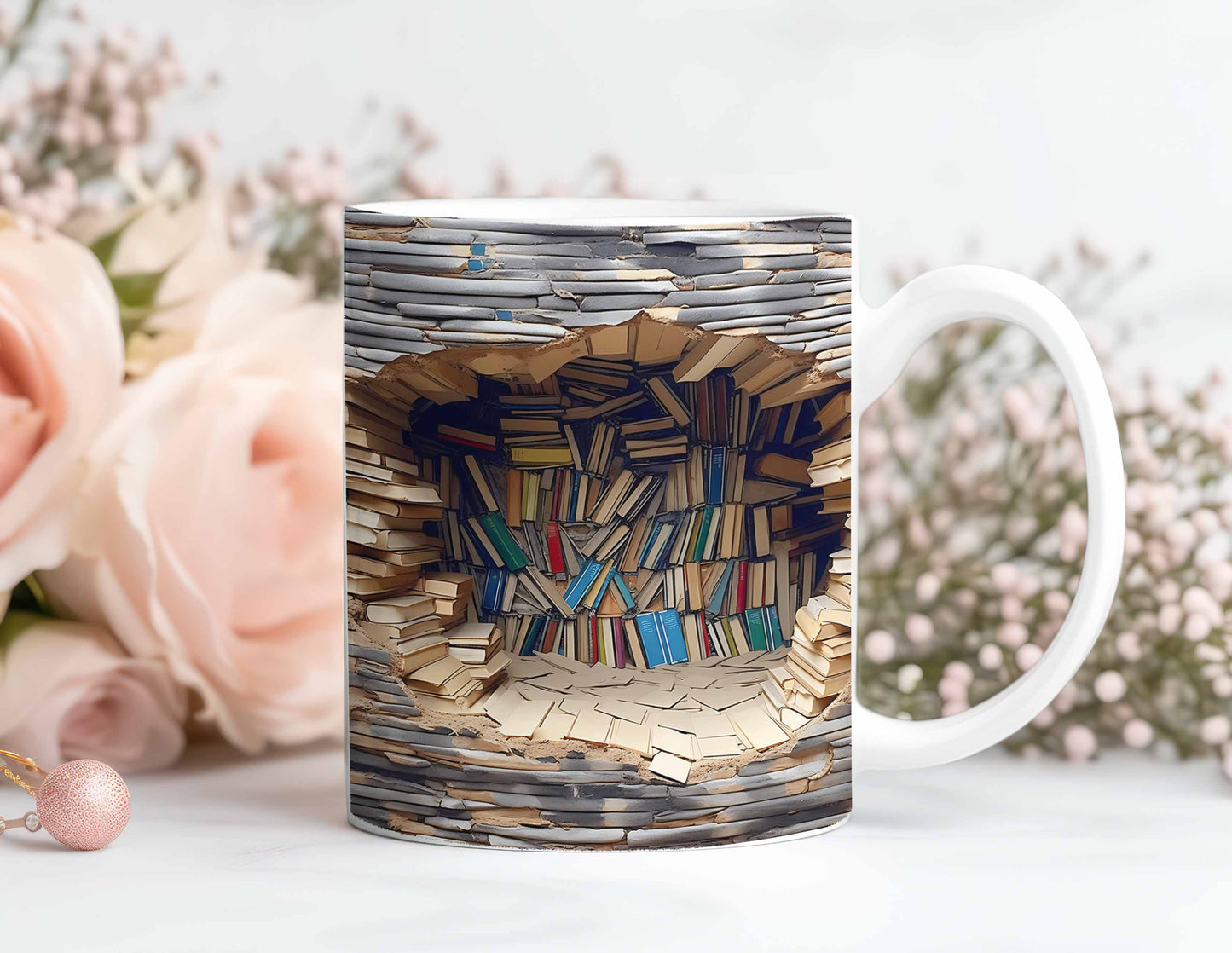 Immerse in Bookish Delight: 3D Book Mug Wrap, Sublimation Design PNG for Bookshelf and 3D Book Lover, 11oz and 15oz Coffee Mug Wrap - Digital Download - VartDigitals