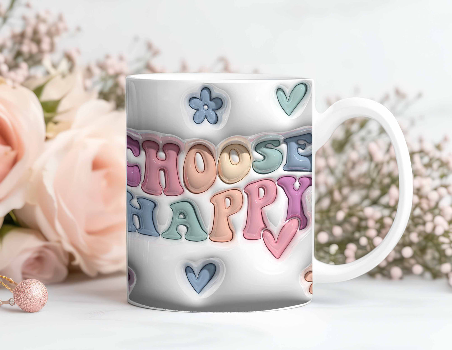 3D Mug Wrap 3D Choose Happy Mug, 3D Floral Heart Mug Design Sublimation, Floral Mug PNG, 11oz,15oz Mug Sublimation Png - VartDigitals