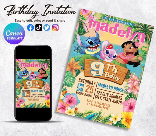 Editable Stitch Birthday Invitation, Canva Printable Birthday Party Invitations, Digital Party Invite, Birthday Party, Lilo And Stitch - VartDigitals
