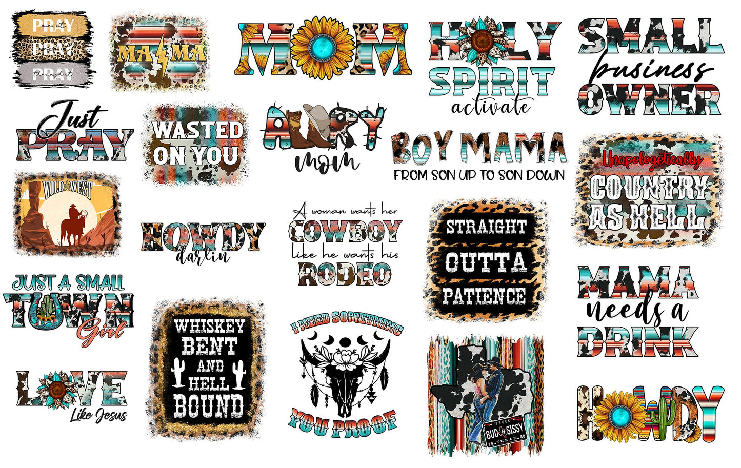 Western png bundle Howdy Hat Cowgirl Cowboy West Wild Soul YeeHaww Sand Boots Rodeo Wasted Mama Problem Neon Moon Sublimation Designs