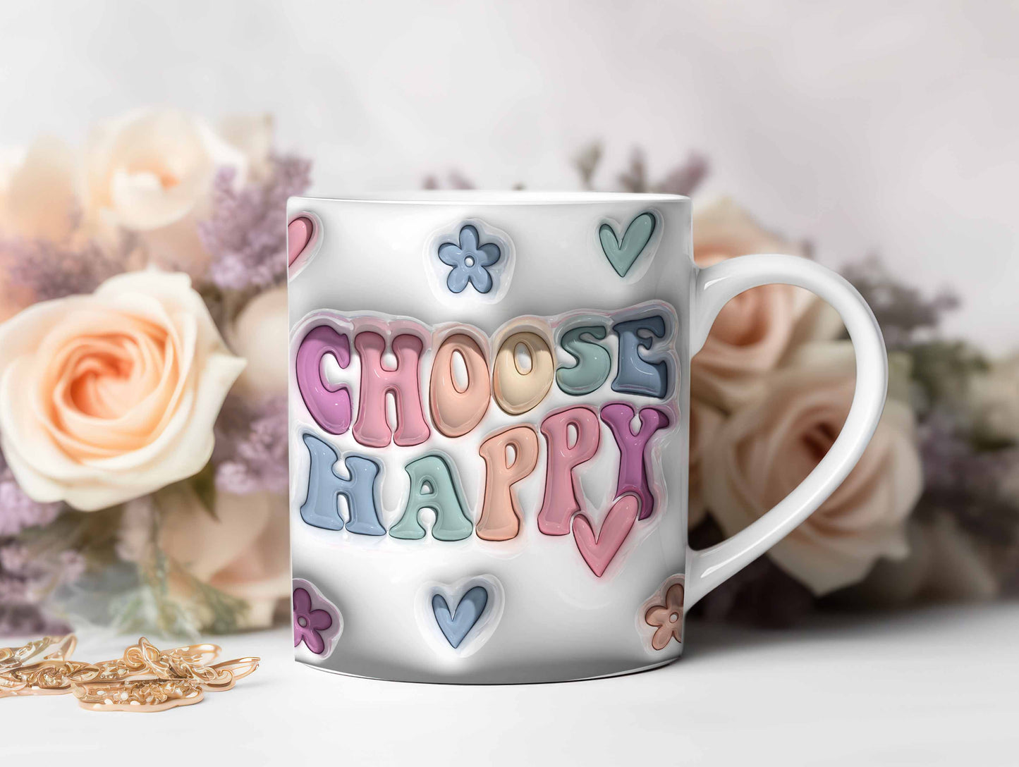 3D Mug Wrap 3D Choose Happy Mug, 3D Floral Heart Mug Design Sublimation, Floral Mug PNG, 11oz,15oz Mug Sublimation Png - VartDigitals