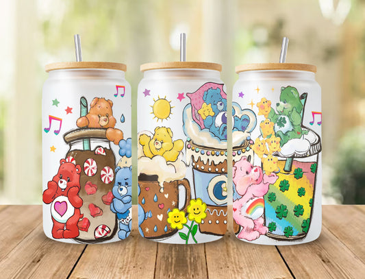 Bears Cartoons 16oz Wrap, 16oz Libbey Glass Can, Frosted Can Glass, Sublimation Design, Rainbow Design, Cute Bears Wrap,Cute Cartoon Design 3 - VartDigitals