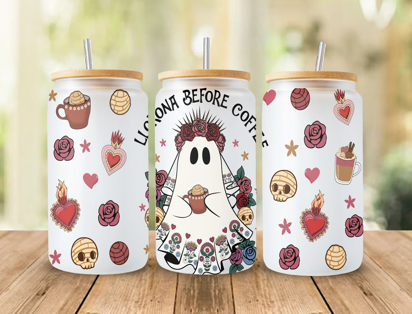 Llorona Before Coffee 16 oz Libbey Glass Can Wrap Ghost Llorrona png Mexican Concha digital download - VartDigitals