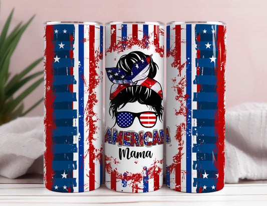 USA American Mama Tumbler Wrap, Mama Sublimation Design, 20 oz Skinny Tumbler, Western Patriotic Tumbler PNG, Mom Messy Bun Digital Download