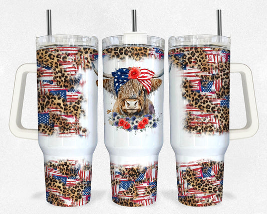 Cute Highland Cow Patriotic 40 oz Quencher Tumbler Wrap, Cow Independence day Cow America Flag Tumbler 40 Oz, 4th of July Cow Tumbler 40oz - VartDigitals