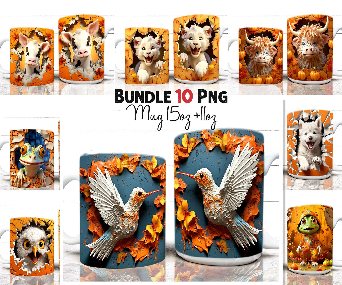 10 PNG 3D Animals Mug Wrap Bundle, 3D Floral Mug Wrap Sublimation Designs PNG 11oz & 15oz Coffee Cup Template, Cute Animal Mug Press Design - VartDigitals