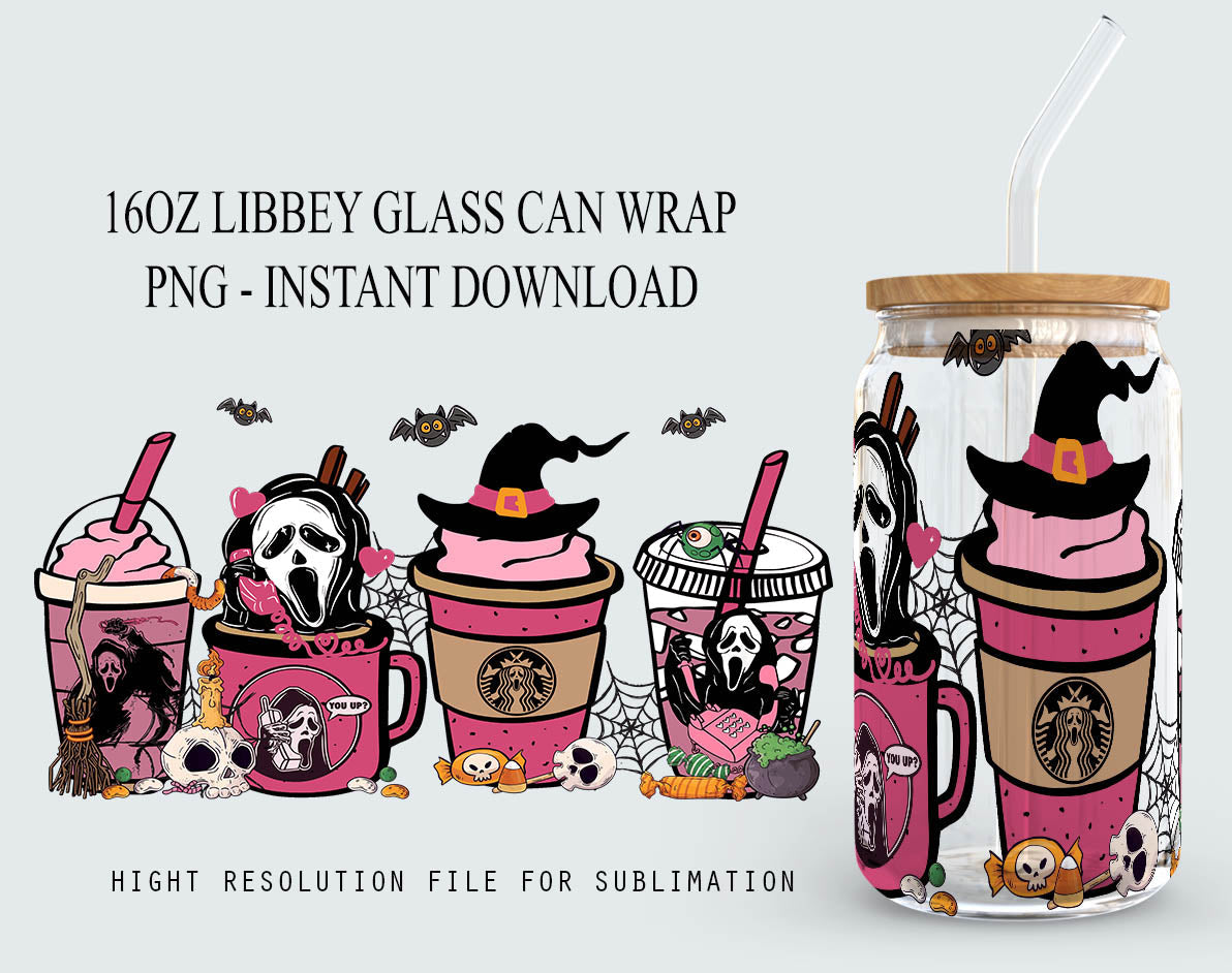 Horror Characters Halloween 16oz libbey can Cartoon PNG, 16oz Glass Can Wrap, 16oz Libbey Can Glass, Horror Tumbler Wrap,Full Glass Can Wrap