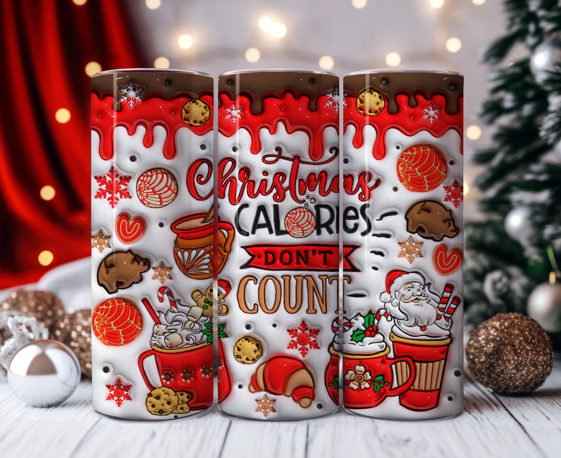 3D Cafecito y Chisme Christmas Conchas Inflated Tumbler Wrap, Concha Lights Christmas Puffy 20oz Tumbler Wrap, Xmas Calories Don't Count - VartDigitals