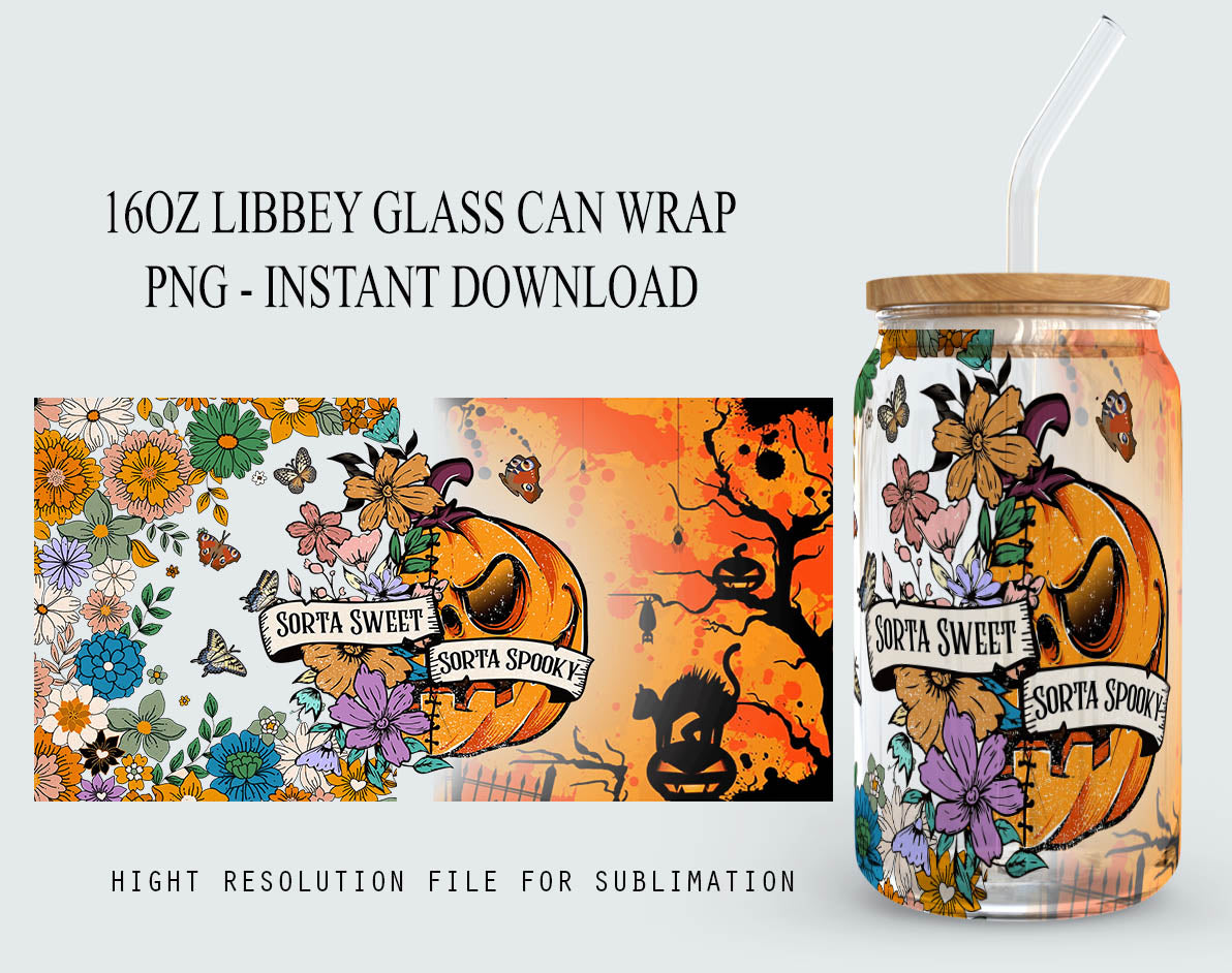 16 oz Libbey Glass Can Tumbler Sorta Sweet Sorta Spooky, Floral Pumpkin Butterfly Halloween Can Glass PNG Sublimation Designs Digital Files