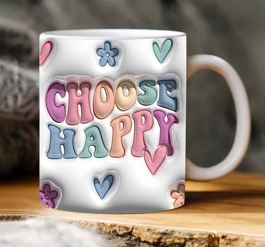 3D Mug Wrap 3D Choose Happy Mug, 3D Floral Heart Mug Design Sublimation, Floral Mug PNG, 11oz,15oz Mug Sublimation Png - VartDigitals