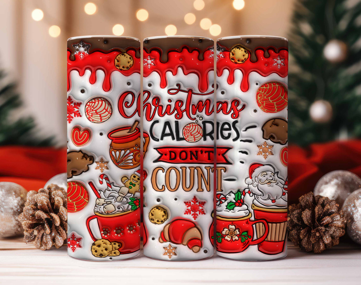 3D Cafecito y Chisme Christmas Conchas Inflated Tumbler Wrap, Concha Lights Christmas Puffy 20oz Tumbler Wrap, Xmas Calories Don't Count - VartDigitals