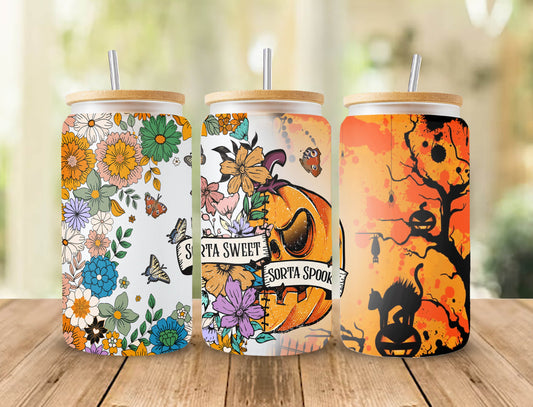 16 oz Libbey Glass Can Tumbler Sorta Sweet Sorta Spooky, Floral Pumpkin Butterfly Halloween Can Glass PNG Sublimation Designs Digital Files