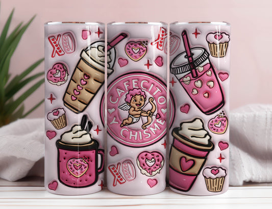 3D Cafecito y Chisme Inflated Tumbler Wrap, Valentines Coffee Puffy Tumbler Sublimation Design, Cupid Vibes, Valentines Day Puffy Design