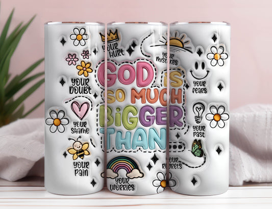 3D God is Bigger Inflated Tumbler Wrap, Retro Christian Inflated Tumbler Wrap, 3D Faith Bible Verse Inflated Tumbler Wrap, 3D Puffy Daisy