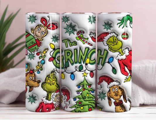 3D Inflated Cartoon Christmas Tumbler PNG, 3D Christmas Coffee Tumbler Wraps 20oz Skinny Sublimation, Merry Grinchmas, My Day Tumbler