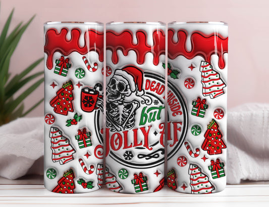 3D Inflated Dead Inside But Jolly AF Christmas Tumbler Wrap,3D Puffy Christmas Skeleton Tumbler,Xmas Coffee Puffy Tumbler, Skull Santa Claus