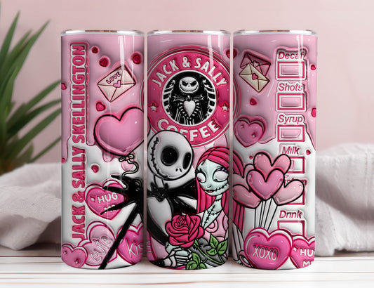 3D Jack And Sally Valentine Tumbler Design PNG, 3D Inflated Valentine Tumbler Wraps, Jack Sally Skellington,The Nightmare Before Christmas