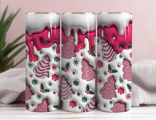3D Pink Christmas Tree Cakes Inflated Tumbler Wrap, Christmas Snack Cakes Puffy Tumbler, Xmas Coffee Puffy Tumbler, Milk Cookies For Santa