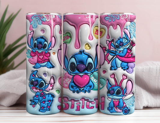 3D Stitch Valentine Tumbler PNG, 3D Inflated Cartoon Valentine Tumbler Wraps, 20oz Skinny Tumbler, 3D Stitch Tumbler Wrap, Png Download