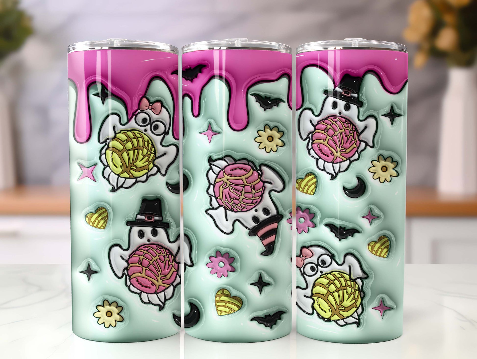 3D Inflated Spooky Conchas Tumbler, 20oz Skinny Tumbler, Mexican Pan Dulce Ghost PNG, Halloween Pan Dulce Glass Can Conchas Mexicanas Png - VartDigitals