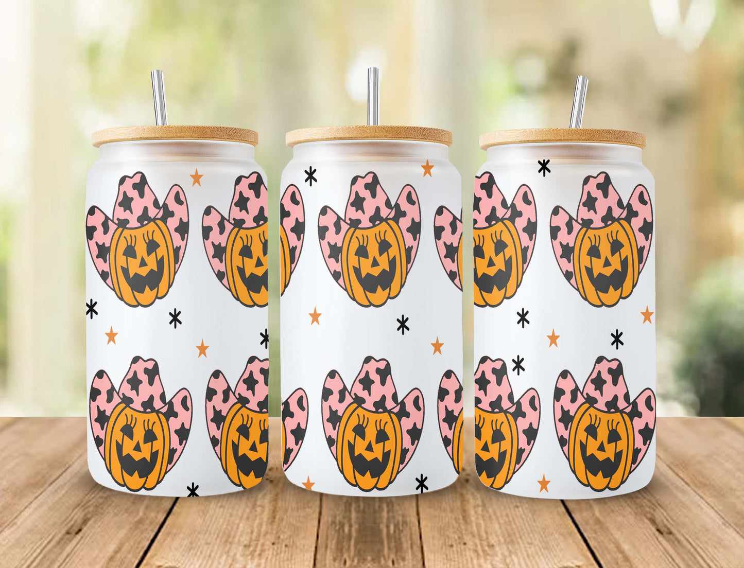 Cowboy Pumpkin 16oz Libbey Glass Can Wrap - Halloween PNG Digital Download PNG - Silhouette - Pumpkin Pattern Beer Glass Template