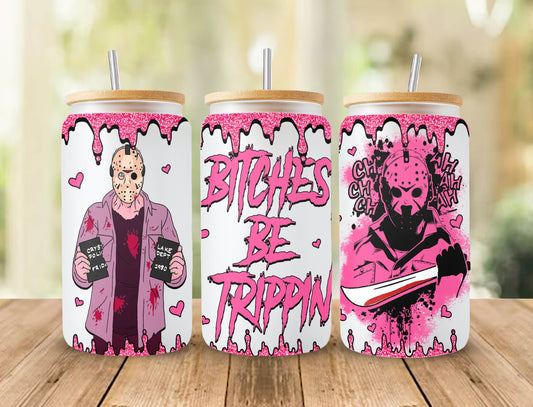 Bitches Be trippin 16oz Libbey Frosted Glass,Pink Friday the 13th Glass Tumbler 16oz, Halloween Can Glass PNG download