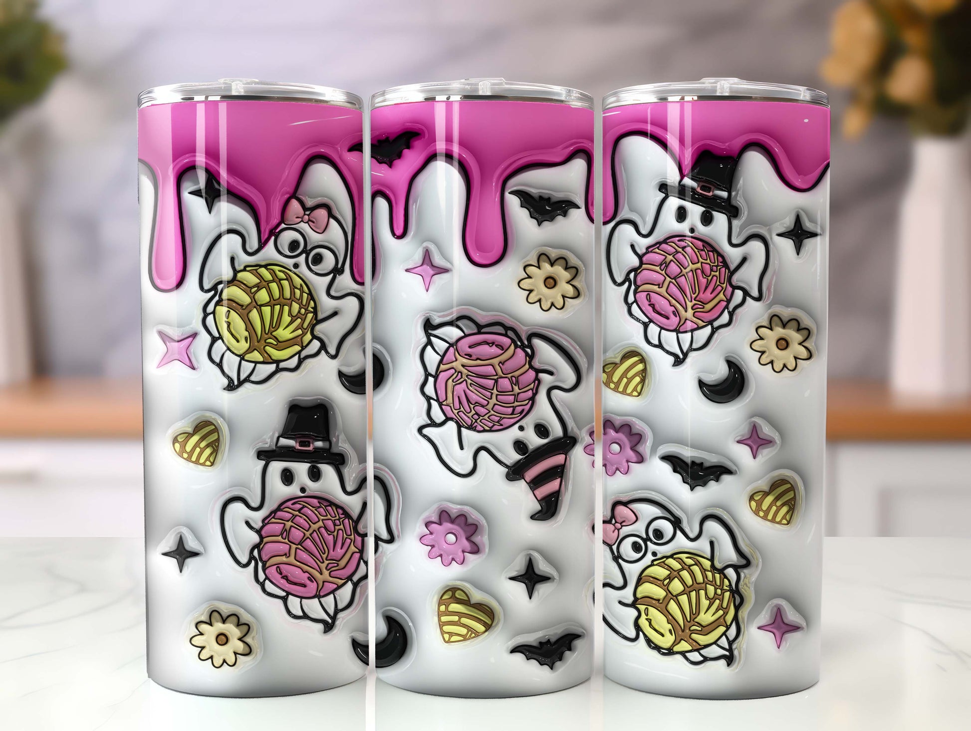3D Inflated Spooky Conchas Tumbler, 20oz Skinny Tumbler, Mexican Pan Dulce Ghost PNG, Halloween Pan Dulce Glass Can Conchas Mexicanas Png - VartDigitals