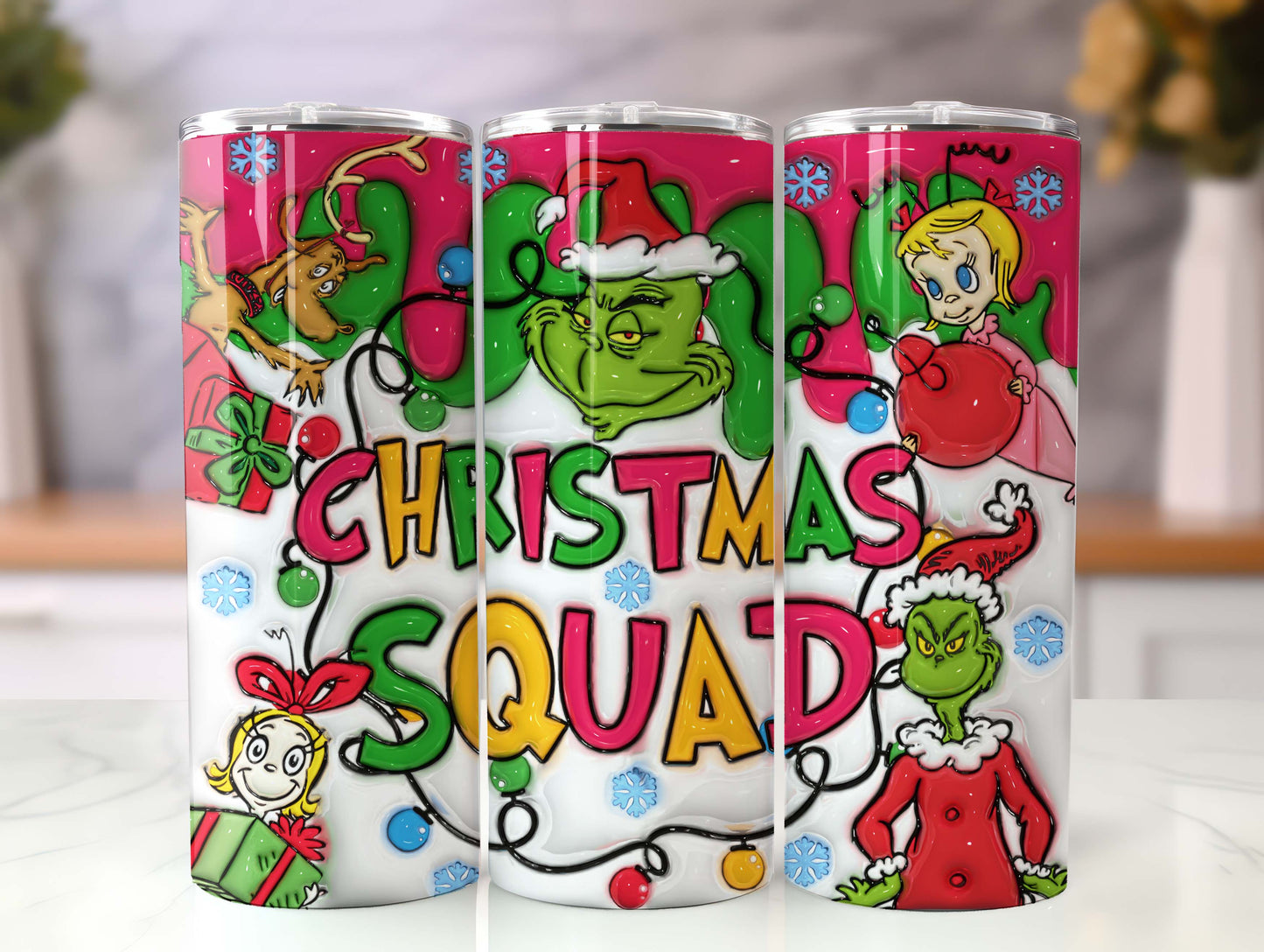 Inflated Pink Christmas Tumbler Design Png, 3D Christmas Squad Tumbler Wraps 20oz Skinny Sublimation, Merry Grinchmas, Merry Christmas Wrap - VartDigitals