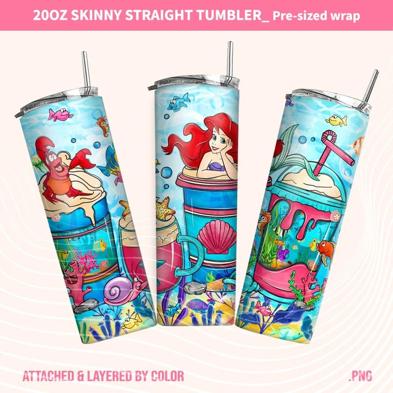 Ariel Tumbler Wrap, Princess Coffee Tumbler Wrap, 20oz Skinny Tumbler, Skinny Tumbler Wrap, 20oz Tumbler, Png download - VartDigitals