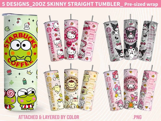 Bundle Kawaii Kitty Tumbler, Kitty Coffee, 20oz Straight Skinny Wrap, Cartoon Spring Flowers, Pink Cat Tumbler, 5 PNG FILES Png Sublimation Design