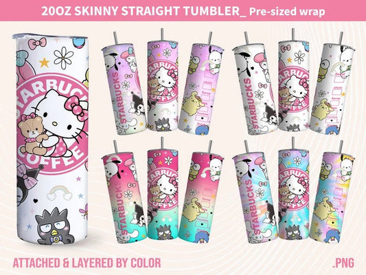 Bundle 4 Kitty Coffee Tumbler, 20oz Straight Skinny Wrap, Spring Flower Pink Cat PNG, Tumbler Wrap, Full Tumbler Wrap, Cartoon Tumbler - VartDigitals