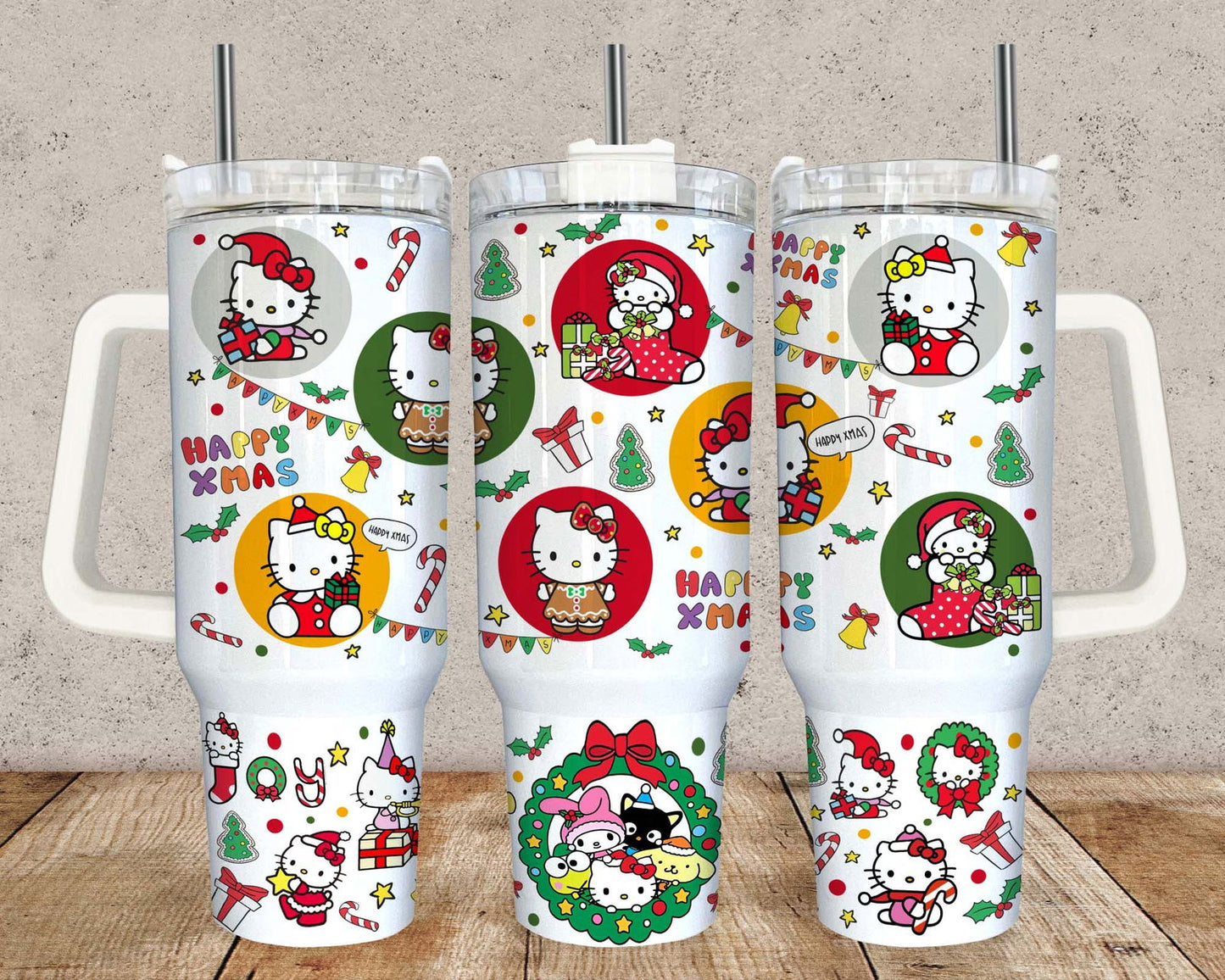 Cat Christmas 40oz Tumbler, 40 oz Quencher Tumbler Wrap, Spring Flower Pink Cat PNG, Tumbler Wrap, Full Tumbler Wrap, Cartoon Christmas Tumbler