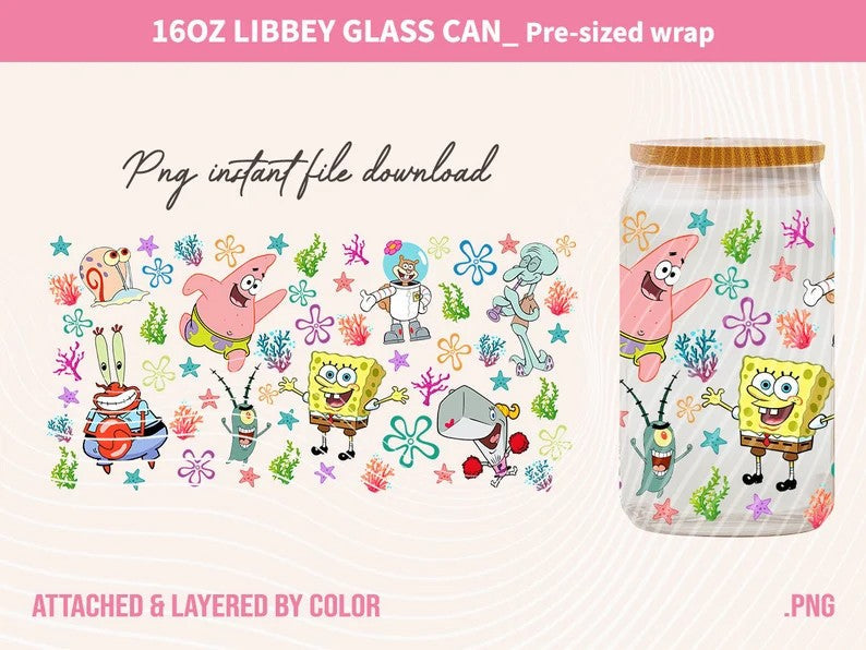 Cartoon Glass Can 16oz, Square Pants PNG, Cartoon Coffee Libbey 16oz, Under the Sea Cartoon Tumbler Wrap - VartDigitals