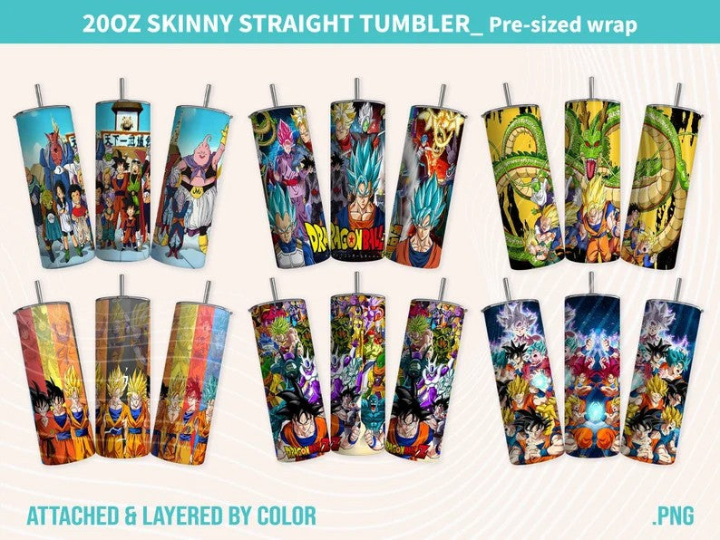 Cartoon Tumbler Bundle Wrap, Comic Tumbler, 20oz Skinny Straight, Goku Tumbler Wrap, Tumbler Sublimation, Anime Dragon Png, Png bundle, Png - VartDigitals