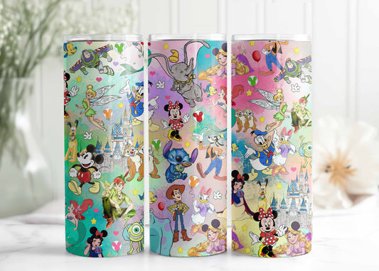 Disney Tumbler - Gifts for Kids, Birthday Joy with Cute Disney Cup featuring Pastel Disney Princesses (Lilo and Stitch, Tangled) - 20oz Skinny Tumbler with Lid and Straw - VartDigitals