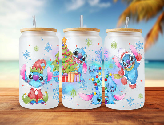 Cartoon Watercolor Can Glass Wrap, 16oz Can Glass, Libbey Can Glass, Stitch Christmas Wrap, Cartoon Tumbler Wrap, Png Instant Download - VartDigitals