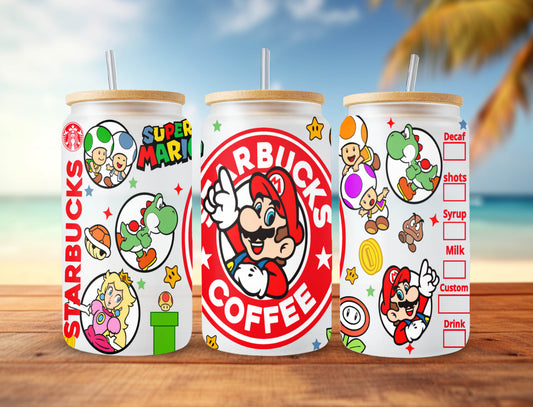 Super Mario Starbucks Coffee 16oz Skinny Can Glass PNG, The Super Mario Bros 2024 Movie Tumbler Template PNG Sublimation - VartDigitals