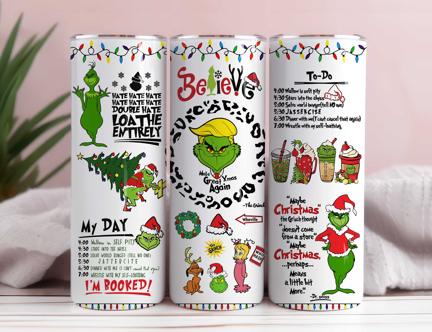 Cartoon Funny Christmas Tumbler PNG, 3D Christmas Coffee Tumbler Wraps 20oz Skinny Sublimation, Merry Grinchmas, My Day Tumbler