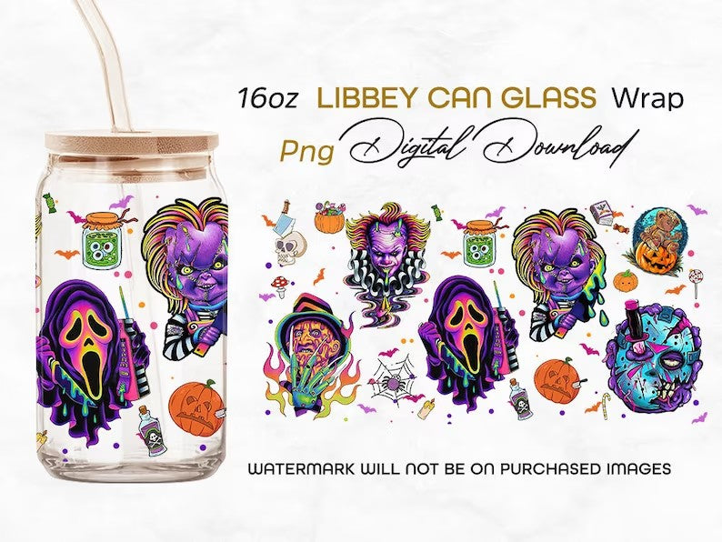 Horror png, Horror characters 16oz Libbey can Glass, Horror characters full glass can wrap, funny horror tumbler wrap, horror sublimation - VartDigitals