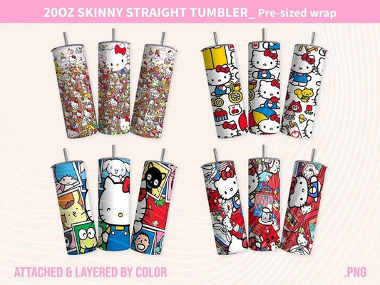 Kawaii Kitty Tumbler Wrap, Kitty Cartoon Tumbler, 20oz Straight Skinny Wrap, Pink Kitty Png, Pink Cat Tumbler Wrap, 4 Png FILES Sublimation Design - VartDigitals