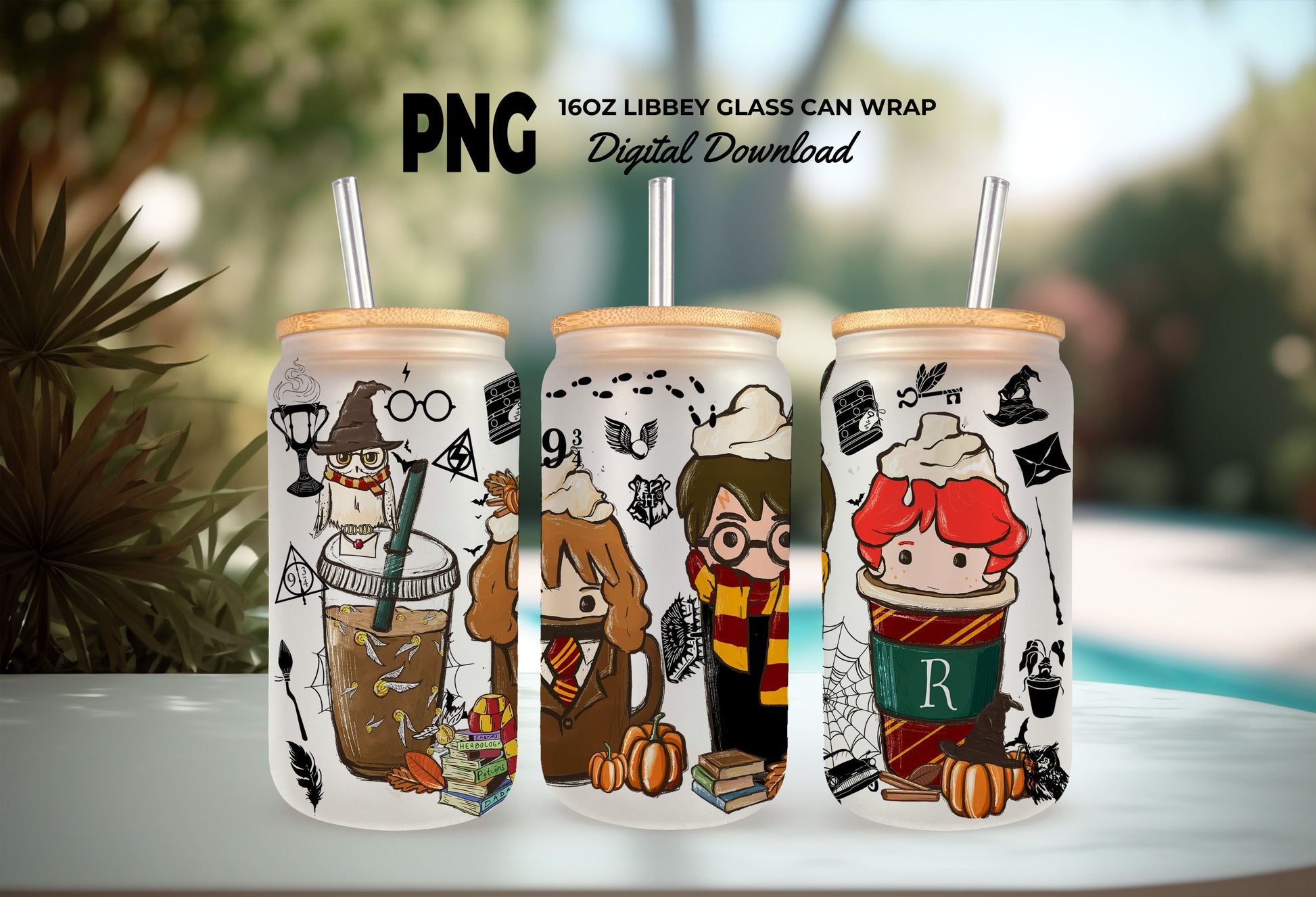 Wizard School Potterhead Coffee Glass Wrap png, 16oz Libbey Glass Can Wrap, Trick Or Treat, Spooky Vibes, Halloween Fall Autumn Coffee Wrap - VartDigitals