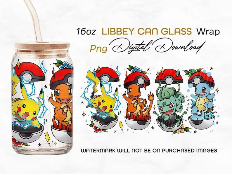 Poke Glass Can Wrap 16oz Glass Can Png, Poke Tumbler, Pokemon Cartoon Libbey Can Glass, 16oz PNG Digital Download, Can Glass Wrap Png - VartDigitals