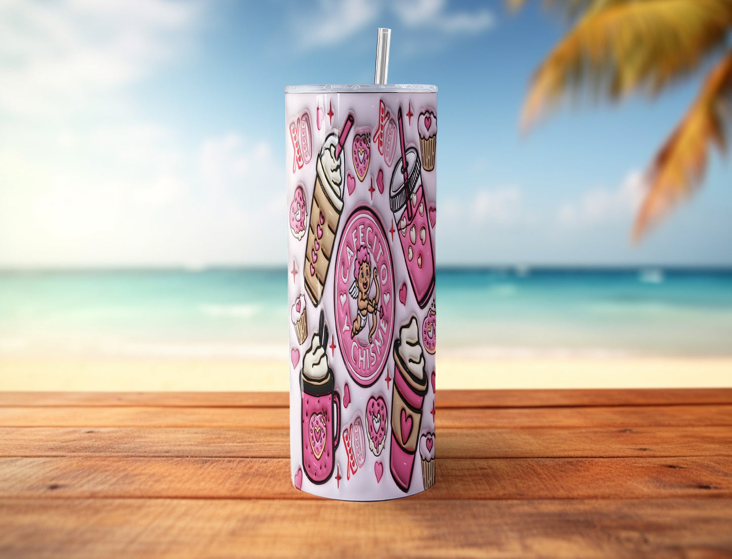 3D Cafecito y Chisme Inflated Tumbler Wrap, Valentines Coffee Puffy Tumbler Sublimation Design, Cupid Vibes, Valentines Day Puffy Design - VartDigitals