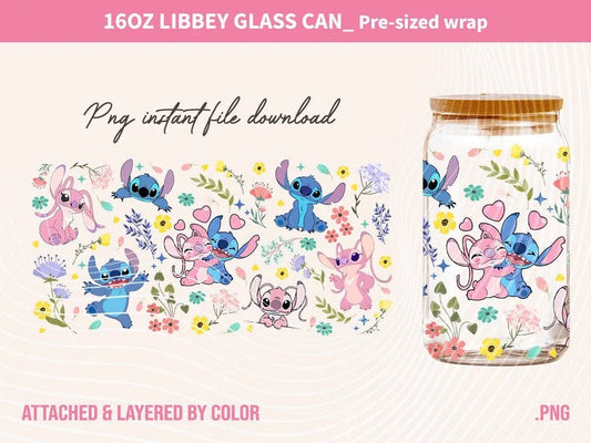 Stitch Spring Day Can Glass, 16oz Glass Can Wrap, 16oz Libbey Can Glass, Flower Tumbler Wrap, Full Glass Can Wrap, Cartoon Tumbler, Flowers - VartDigitals